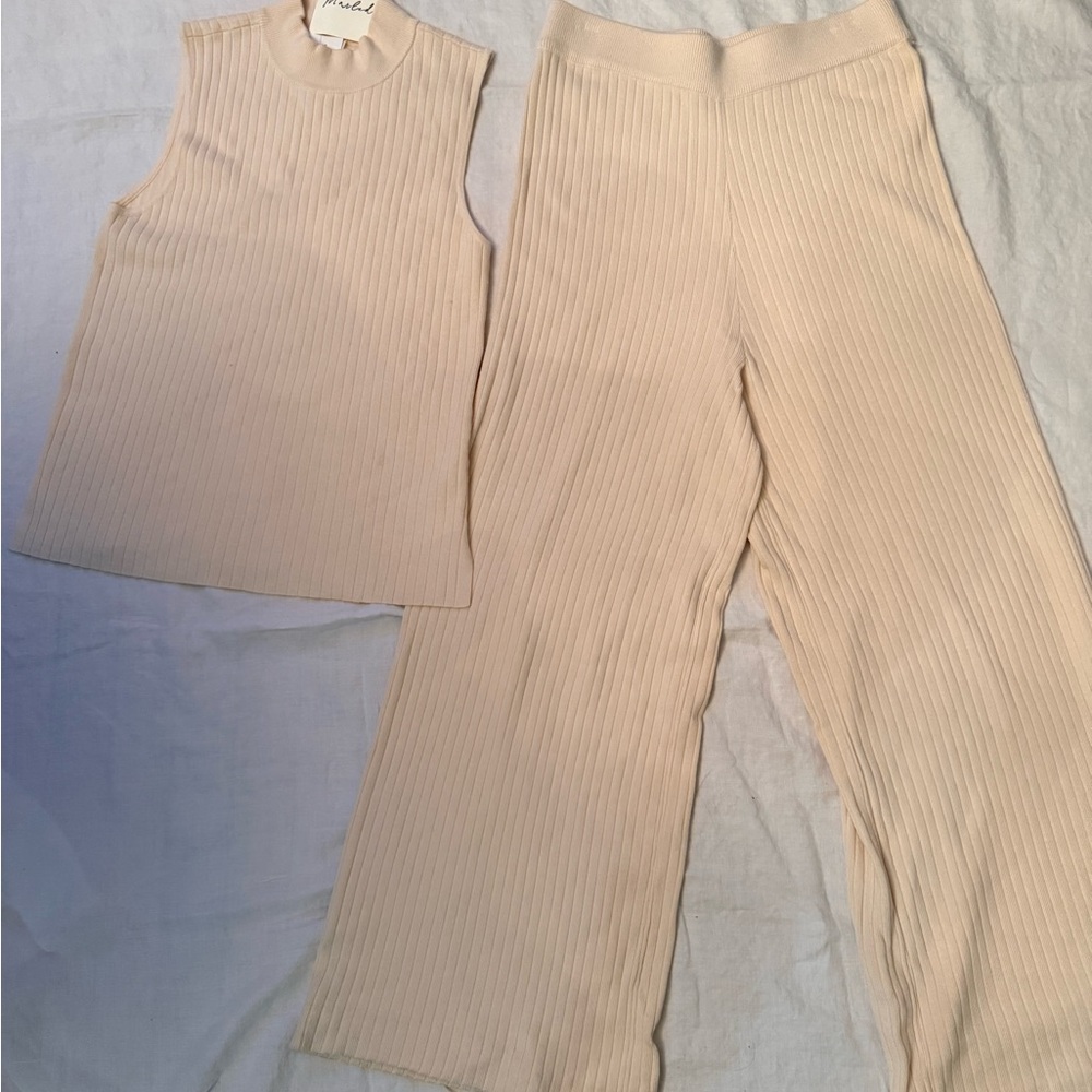 Marled Ribbed Wide-Leg Pants & Mock Neck Tank Set in Cream